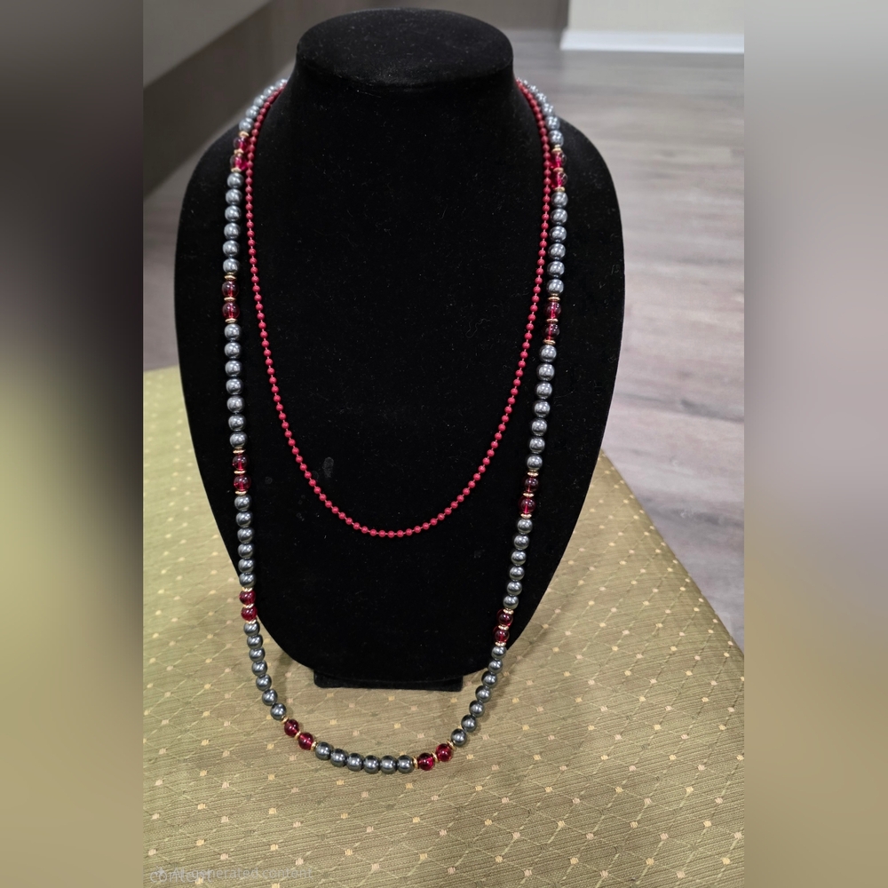 Gray and Barn Red Beaded Necklace Set